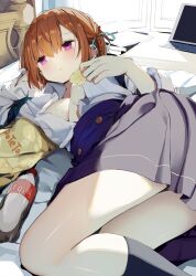 1girl :t black_socks breasts brown_hair chips_(food) closed_mouth cola commentary_request computer day eating food grey_skirt head_rest holding holding_food indoors kamizaki_hibana laptop large_breasts looking_ahead lying no_bra on_bed on_side open_clothes original pleated_skirt potato_chips purple_eyes skirt socks teena_(kamizaki_hibana) thighs