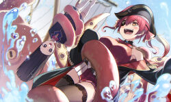 2girls animal bicorne black_coat black_hair black_thighhighs blush_stickers breasts brooch coat commentary commentary_request cropped_jacket drooling english_commentary eyepatch gold_trim hair_ribbon hat highres hololive houshou_marine jacket jewelry lace lace-trimmed_legwear lace-trimmed_thighhighs lace_trim large_breasts long_hair miniskirt mixed-language_commentary mouth_drool multiple_girls nijisanji octopus off_shoulder open_mouth oversized_animal pirate pirate_hat pleated_skirt red_hair red_jacket red_ribbon red_skirt ribbon school_uniform skirt sleeveless sleeveless_jacket teeth tentacles thighhighs tokumaro tsukino_mito tsukino_mito_(1st_costume) twintails virtual_youtuber white_thighhighs yellow_eyes