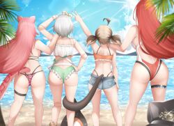 4girls ahoge animal_ears arm_up ass back beach bikini blue_sky cecilia_immergreen cecilia_immergreen_(holonatsu_paradise) cloud cutoffs day elizabeth_rose_bloodflame elizabeth_rose_bloodflame_(holonatsu_paradise) facing_away frills from_behind gigi_murin gigi_murin_(holonatsu_paradise) hat highleg highleg_bikini highres hololive holonatsu_paradise joints long_hair multiple_girls ocean outdoors palm_leaf palm_tree pink_bikini popcornflakes raora_panthera raora_panthera_(holonatsu_paradise) short_shorts shorts sky standing sunlight swimsuit tail tree virtual_youtuber water