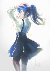 1girl alternate_hairstyle black_skirt blue_hair breasts brown_pantyhose collared_shirt cowboy_shot dated fire_emblem fire_emblem_awakening floating_hair from_behind hair_between_eyes hands_on_own_head high-waist_skirt highres long_hair looking_back lucina_(fire_emblem) melia_art miniskirt nintendo official_alternate_costume pantyhose pink_lips ponytail shirt signature simple_background skirt small_breasts solo sparkle suspender_skirt suspenders three-quarter_sleeves white_background white_shirt