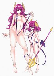 2girls adult_kurona bikini_pull breasts clothes_pull demon_girl demon_horns demon_tail demon_wings gal_guardians gal_gun_(series) horns kurona_(galgun) large_breasts long_hair looking_at_viewer multiple_girls nipples petitponkan polearm red_eyes red_hair short_hair slingshot_swimsuit small_breasts swimsuit tail trident weapon wings