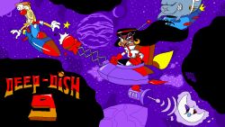 1girl 2boys angry black_hair breasts calypso_(stargazing.png) dark-skinned_female dark_skin freckles half_moon highres long_hair monster moon multiple_boys original pizza_tower pizzaface pizzahead red_lips rocket small_breasts space stargazing.png toon_(style) ufo violence