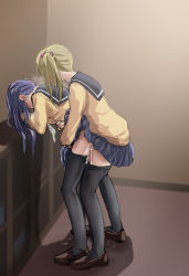 1futa 1girl blonde_hair blue_skirt blush brown_footwear clothed_sex clothes_lift clothes_pull cum cum_on_body cum_on_clothes cum_on_lower_body cum_overflow doggystyle from_side futa_with_female futanari highres inuyama_aoi loafers long_hair long_sleeves multiple_girls oogaki_chiaki pantyhose pantyhose_pull plaid_clothes plaid_skirt purple_hair raitaroo school_uniform serafuku sex sex_from_behind shoes side_ponytail skirt skirt_lift standing standing_sex sweat swept_bangs twintails yurucamp