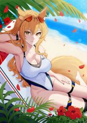 1girl animal_ear_fluff animal_ears aoi_tooru arknights armpits beach blonde_hair blue_sky breasts cleavage closed_mouth commentary_request competition_swimsuit day eyewear_on_head green_eyes highleg highleg_one-piece_swimsuit highres horse_ears horse_girl horse_tail large_breasts large_tail long_hair looking_at_viewer navel nearl_(arknights) nearl_(shimmering_dew)_(arknights) ocean official_alternate_costume one-piece_swimsuit sky smile solo swimsuit tail thighs white_one-piece_swimsuit
