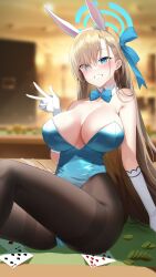 1girl ace_(playing_card) ace_of_diamonds asuna_(blue_archive) asuna_(bunny)_(blue_archive) asymmetrical_bangs black_pantyhose blonde_hair blue_archive blue_bow blue_bowtie blue_halo blue_leotard blurry blurry_background blush bow bowtie breasts card cleavage commentary_request detached_collar diamond_(shape) elbow_gloves gloves halo hand_up highleg highleg_leotard highres large_breasts leotard long_bangs long_hair mole mole_on_breast official_alternate_costume pantyhose parted_lips playboy_bunny playing_card revision seven_of_spades sitting smile solo strapless strapless_leotard teeth ten_of_hearts thighband_pantyhose thighs v white_gloves yampa