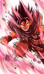 1boy absurdres aura black_hair clenched_hand debris dragon_ball dragonball_z highres kaiouken kanaetecho looking_at_viewer medium_hair muscular muscular_male open_mouth pants powering_up shirt solo son_goku spiked_hair