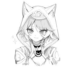 1girl :3 animal_hood black_hood braid cat_girl cat_hood cipher_(honkai:_star_rail) ears_through_hood greyscale honkai:_star_rail honkai_(series) hood jewelry meoyami monochrome necklace simple_background solo twitter_username upp white_background