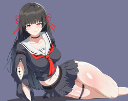 Rule 34 | 1girl, absurdres, arm cutout, artist name, black choker, black hair, black shirt, black skirt, blush, body blush, breasts, bright pupils, chisa (wuthering waves), choker, collarbone, grey background, hair ribbon, highres, long hair, long sleeves, looking at viewer, midriff, neckerchief, red eyes, red neckerchief, red ribbon, ribbon, sailor collar, sandtiage, school uniform, serafuku, shirt, skirt, solo, tacet mark (wuthering waves), thick thighs, thigh strap, thighs, very long hair, white pupils, white sailor collar, wuthering waves
