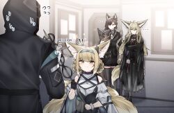 ... 1other 3girls absurdres ambiguous_gender animal_ear_fluff animal_ears arknights ascot black_gloves black_jacket blonde_hair blue_hairband braid braided_hair_rings closed_mouth commentary dated_commentary doctor_(arknights) earpiece fox_ears fox_girl fox_tail gloves green_eyes grey_hair hair_rings hairband highres holding holding_staff infection_monitor_(arknights) jacket kitsune kyuubi long_hair material_growth multiple_girls multiple_tails necktie orange_eyes oripathy_lesion_(arknights) penance_(arknights) red_necktie samip short_hair spoken_ellipsis staff suzuran_(arknights) tail twin_braids vulpisfoglia_(arknights) white_ascot wolf_ears wolf_girl wolf_tail