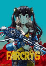 1girl asano_inio black_hair blue_background brown_eyes copyright_name crossover dead_dead_demons_de_dedede_destruction dirty dirty_clothes dirty_face dirty_hands english_text far_cry far_cry_6 gradient_background hair_ornament long_hair looking_at_viewer nakagawa_ouran official_art solo source_request standing twintails weapon