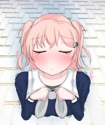 bang_dream! blush bow closed_eyes closed_mouth hair_ornament hand_on_own_chest highres hiromachi_nanami long_hair long_sleeves nfch_05054 pink_eyes pink_hair school_uniform shirt solo solo_focus twintails waiting_for_kiss