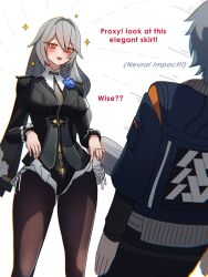 1boy 1girl alexandrina_sebastiane black_pantyhose black_shirt blue_jacket blush breasts clothes_lift commentary cosplay dorahdew english_commentary english_text grey_hair highres jacket large_breasts long_hair long_sleeves official_alternate_costume open_mouth pantyhose red_eyes shirt skirt skirt_lift sparkle wise_(zenless_zone_zero) yixuan_(trails_of_ink)_(zenless_zone_zero) yixuan_(zenless_zone_zero) yixuan_(zenless_zone_zero)_(cosplay) zenless_zone_zero