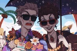 1boy 1girl alternate_costume black_nails black_umbrella brown_hair brown_jacket chinese_commentary collared_shirt commentary_request cup day doctor_who drinking_glass drinking_straw eyeshadow flower flower_necklace grey_hair hawaiian_shirt highres holding holding_cup holding_umbrella jacket jewelry juanmao lei long_sleeves looking_at_viewer makeup missy_(doctor_who) necklace open_mouth outdoors palm_tree parasol people ponytail purple_eyeshadow raised_eyebrow shared_umbrella shirt simple_bird smile suit_jacket sunglasses teeth the_doctor_(doctor_who) tree twelfth_doctor_(doctor_who) umbrella upper_body white_shirt