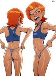 1girl absurdres adjusting_clothes adjusting_panties angry ass ben_10 blue_choker blue_panties blue_sports_bra blush choker fangs flat_chest green_eyes gwen_tennyson highres loli multiple_views navel open_mouth orange_hair panties ponpu_(pumpkinsinclair) short_hair simple_background sports_bra teeth underwear wedgie white_background