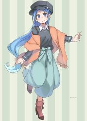beret black_hat black_sweater blue_eyes blue_hair boots collared_shirt cosplay full_body gradient_hair green_pants hat highres kantai_collection long_hair multicolored_hair orange_shawl pants red_boots samidare_(kancolle) shawl shirt striped_background sugue_tettou sweater swept_bangs very_long_hair white_shirt yuubari_(kancolle) yuubari_(kancolle)_(cosplay)