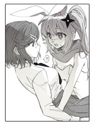 2girls ? alternate_costume animal_ears blush breasts cleavage collared_shirt glasses hair_ornament hairclip highres koga_konoha kusagakure_satoko leotard long_hair medium_hair multiple_girls necktie ninja_to_koroshiya_no_futarigurashi open_mouth pleated_skirt rabbit_ears rain_12129 scarf school_uniform shirt shuriken_hair_ornament side_ponytail skirt spoken_question_mark strapless strapless_leotard swept_bangs translation_request yuri