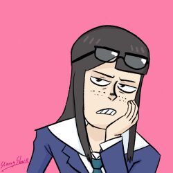Rule 34 | 1girl, black hair, eizouken ni wa te wo dasu na!, glasses, hand on own face, highres, kanamori sayaka, long hair, pale skin, solo, starry5hark, teeth, watermark