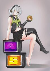 1girl anby_demara arm_support black_choker black_gloves black_skirt black_thighhighs braid burger choker closed_mouth commentary crossed_legs crt elbow_gloves feet fingerless_gloves food full_body gloves grey_background grey_hair headphones highleg holding holding_burger holding_food jacket looking_at_viewer meisaki midriff navel on_television orange_eyes pleated_skirt short_hair single_bare_foot single_braid single_elbow_glove single_thighhigh sitting skirt solo symbol-only_commentary television thighhighs toes white_hair white_undershirt zenless_zone_zero