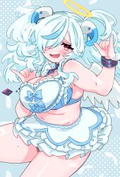 Rule 34 | 1girl, \m/, absurdres, bikini, bikini skirt, blue background, blue bow, blue hair, blush, bow, breasts, commentary request, cowboy shot, doubliel, fake halo, frilled bikini, frills, hair over one eye, halo, heart, heart-shaped pupils, highres, horns, large breasts, long hair, looking at viewer, mahjong fight girl, mole, mole on thigh, navel, open mouth, plump, red eyes, smile, solo, sukoyaka (100hituzi), swimsuit, symbol-shaped pupils, white bikini, white horns, yellow halo