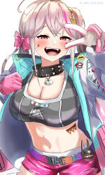 1girl absurdres belt blonde_hair blush breasts cleavage collar crescent crescent_pin gloves goddess_of_victory:_nikke hair_ornament hands_up heart heart_tattoo highres jackal_(nikke) jacket large_breasts lips long_hair looking_at_viewer midriff multicolored_hair oho_oho open_clothes open_jacket open_mouth pink_gloves pink_hair puffy_sleeves red_eyes short_shorts shorts simple_background smile spiked_collar spikes sports_bra star_(symbol) star_tattoo streaked_hair tattoo twintails twitter_username v white_background