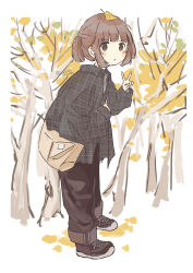 1girl absurdres autumn autumn_leaves bag blush brown_eyes brown_hair brown_pants brown_shoes closed_mouth collared_shirt from_side full_body ginkgo_leaf hand_up highres jacket leaf leaf_on_head long_sleeves looking_at_viewer original outdoors pants plaid_clothes plaid_shirt ponytail sasaxxxx06 shirt shoes short_hair shoulder_bag sketch sneakers solo standing tree twitter_username v