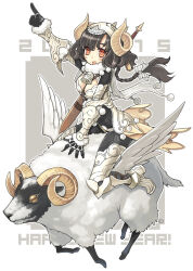 1girl 2015 :d animal armor bell between_breasts black_hair blush_stickers bodysuit bow braid breasts chinese_zodiac cleavage_cutout clothing_cutout curly_hair eyebrows_hidden_by_hair fur_collar fur_trim goat goat_horns hair_bow hairband happy_new_year highres horns neck_bell new_year oomori_aoi open_mouth orange_eyes original pointing riding scabbard sheath sheathed signature simple_background single_braid skin_tight smile strap_between_breasts sword weapon weapon_on_back winged_animal year_of_the_goat