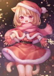 Rule 34 | 1girl, :d, animal ears, belt, blonde hair, blurry, capelet, cat ears, cat girl, cat tail, christmas, depth of field, dress, erunoto, fang, fur-trimmed capelet, fur-trimmed dress, fur-trimmed headwear, fur trim, gloves, hat, highres, light particles, merry christmas, open mouth, original, pink hair, pink scarf, red capelet, red dress, red gloves, red hat, santa costume, santa dress, santa hat, scarf, smile, tail