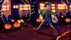 Rule 34 | 1girl, absurdres, autumn leaves, bare tree, black hair, blue eyes, blue overalls, blush, brown shoes, candy, chromashift, commentary, commission, cosplay, door, english commentary, eyelashes, food, full body, gloves, grass, green hat, green shirt, halloween, halloween bucket, halloween costume, hat, heterochromia, highres, house, jack-o&#039;-lantern, leaf, long sleeves, lucinda grey, luigi, luigi (cosplay), mario (series), multicolored hair, night, nintendo, open mouth, outdoors, overalls, purple hair, red eyes, rin penrose, shirt, shoes, sidewalk, skeleton, skrunkly (rin penrose), smile, solo, split-color hair, tombstone, tree, two-tone hair, virtual youtuber, white gloves, wrapped candy
