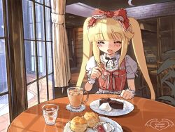1girl black_ribbon blonde_hair blush_stickers bow cafe closed_eyes coffee collared_shirt day dress fang fork frilled_bow frills hair_bow highres holding holding_fork iced_coffee indoors long_hair open_mouth original oyasumi_guu_guu plate puffy_short_sleeves puffy_sleeves red_bow red_dress red_ribbon ribbon shirt short_sleeves sitting smile solo table twintails white_shirt window wooden_table