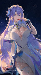 Rule 34 | 1girl, absurdres, blue eyes, blue flower, breasts, cantarella (wuthering waves), cherry, cleavage, commentary, cowboy shot, dress, earrings, facial mark, flower, food, fruit, hair between eyes, hair flower, hair ornament, headdress, highres, jewelry, jianjia, large breasts, long hair, looking at viewer, mark under eye, mole, mole under eye, open mouth, purple hair, shrug (clothing), solo, thighhighs, thighs, tongue, tongue out, very long hair, white dress, white shrug, white thighhighs, wuthering waves
