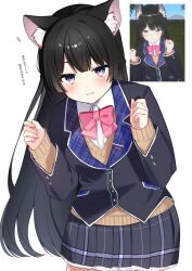 1girl :3 animal_ears black_hair black_jacket black_skirt blazer blush bow bowtie brown_cardigan buttons cardigan cat_ears closed_mouth cowboy_shot derivative_work highres jacket kemonomimi_mode lapels long_hair long_sleeves miniskirt nijisanji notched_lapels pink_bow pink_bowtie plaid_clothes plaid_skirt pleated_skirt purple_eyes reference_inset school_uniform screenshot_inset screenshot_redraw shirt simple_background skirt smile solo tsukino_mito tsukino_mito_(1st_costume) ukiko_ruu virtual_youtuber white_background white_shirt