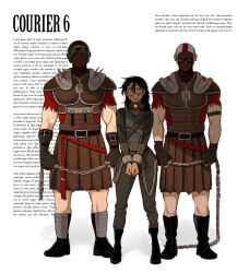 1girl 2boys armor belt boots caesar&#039;s_legion chain collar courier_(fallout:_new_vegas) crazy_smile cuffs fallout:_new_vegas fallout goggles handcuffs helmet latin_text leather_armor mask mouth_mask multiple_boys muscular muscular_male pauldrons pteruges shadow shoulder_armor shoulder_spikes size_difference smile spikes sunglasses tanblaque white_background