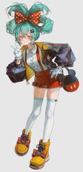 1girl \||/ absurdres ankle_boots aqua_eyes aqua_hair black_jacket boots bow buttons collared_shirt commentary cosplay english_commentary folded_twintails frilled_shorts frills full_body gloves grin hand_on_own_hip hatsune_miku highres jacket lace-up_boots long_hair long_sleeves looking_at_viewer mickey_mouse mickey_mouse_&amp;_friends mickey_mouse_(cosplay) naniwoou open_clothes open_jacket puffy_long_sleeves puffy_sleeves red_shorts shirt short_shorts shorts smile solo standing suspender_shorts suspenders thighhighs twintails two-sided_fabric two-sided_jacket v vocaloid white_gloves white_shirt white_thighhighs yellow_boots