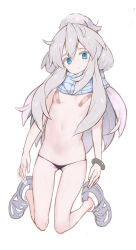 1girl absurdres bandaid bandaids_on_nipples black_panties blue_eyes blue_scarf bracelet closed_mouth colored_eyelashes deux_murasame expressionless flat_chest freckles grey_hair gundam gundam_gquuuuuux highres jewelry kneeling long_hair looking_at_viewer lowleg lowleg_panties micro_panties navel panties pasties purple_pupils ryo_(tg290) scarf shoes simple_background sneakers solo topless_female underwear updo white_background white_eyelashes white_hair