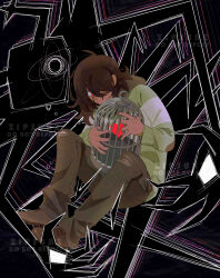 3others abstract abstract_background birdcage black_background black_claws brown_hair brown_pants brown_shoes cage commentary deltarune english_commentary full_body green_sweater hair_over_one_eye heart highres holding holding_cage knees_up kris_(deltarune) looking_at_another multiple_others pants red_eyes roaring_knight scribble_background shoes sitting soul_(deltarune) spoilers striped_clothes striped_sweater sweater watermark zipsunz