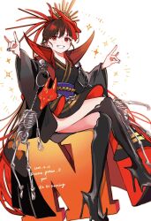 1girl 2024 black_boots black_kimono black_nails boots brown_hair crossed_legs dated fate/grand_order fate_(series) grin highres japanese_clothes kimono long_sleeves obi oda_nobukatsu_(fate) red_eyes sash short_kimono sitting smile solo thigh_boots twitter_username wide_sleeves yui_(tamagohan)
