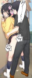 1boy 1girl absurdres against_wall black_hair black_pants black_shirt black_skirt black_socks blue_eyes blush boots bow breasts breath brown_shoes building clothed_sex clothes_lift faceless faceless_male from_side full_body ghost_villager hair_between_eyes hair_bow half-closed_eyes hands_up hatsuyuki_sakura heavy_breathing hetero highres hood hood_down hooded_jacket jacket leaning_forward legs_apart long_hair long_sleeves medium_breasts miniskirt moaning nose_blush open_mouth outdoors pants pleated_skirt pussy_juice raised_inner_eyebrows sex sex_from_behind shinonome_nozomu shirt shoes side_ponytail sidelocks skirt skirt_lift sleeves_past_wrists socks standing standing_sex t-shirt waist_grab white_boots white_bow window yellow_jacket