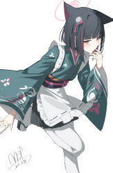 1girl absurdres alternate_costume animal_ears apron black_hair black_skirt blue_archive blue_kimono blunt_bangs blunt_ends cat_ears cat_girl closed_mouth colored_inner_animal_ears colored_inner_hair finger_to_mouth highres japanese_clothes kazusa_(blue_archive) kimono looking_at_viewer maid maid_apron multicolored_hair pantyhose pink_eyes pink_hair pleated_skirt purple_sash qtian sandals sash short_hair sidelocks skirt smile solo standing standing_on_one_leg two-tone_hair white_apron white_pantyhose wide_sleeves
