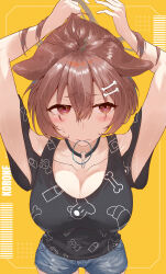 1girl absurdres animal_ears armpits arms_up black_shirt blue_shorts blush bone_hair_ornament breasts brown_eyes brown_hair cleavage closed_mouth clothing_cutout collar collarbone commentary cowboy_shot dog_ears dog_girl donut_paint floppy_ears hair_between_eyes hair_ornament highres hololive inugami_korone inugami_korone_(loungewear) large_breasts looking_at_viewer mouth_hold official_alternate_costume shirt short_shorts short_sleeves shorts shoulder_cutout solo symbol-only_commentary tying_hair virtual_youtuber