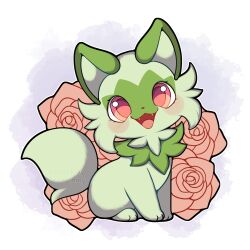 Rule 34 | absurdres, animal focus, blush, cat, flower, highres, looking at viewer, nintendo, no humans, open mouth, pink eyes, pokemon, pokemon (creature), sevi (seviyummy), sitting, smile, solo, sprigatito