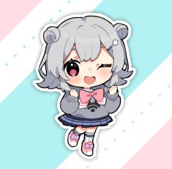 1girl ;d binchou_maguro blue_background blue_skirt blush bow bowtie cevio chibi chibi_only commentary_request double_bun full_body grey_hair grey_sweater hair_bun hair_ornament hairclip hands_up koharu_rikka long_sleeves looking_at_viewer one_eye_closed open_mouth outline pink_background pink_bow pink_bowtie pink_shoes pleated_skirt red_eyes shoes short_hair skirt smile socks solo standing striped_background sweater synthesizer_v white_background white_outline white_socks
