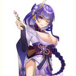 Rule 34 | 1girl, 41008030, absurdres, artist name, back bow, blunt bangs, blush, bow, braid, breasts, breasts out, bridal gauntlets, clothing cutout, commentary request, dango, fan hair ornament, flower, food, from side, genshin impact, gradient hair, hair flower, hair ornament, hair ribbon, hand up, head tilt, highres, holding, holding food, japanese clothes, kimono, large breasts, long braid, long hair, looking at viewer, looking down, mitsudomoe (shape), mole, mole under eye, multicolored hair, neck ribbon, off shoulder, one eye closed, open mouth, panties, pink lips, puffy nipples, purple eyes, purple flower, purple hair, purple kimono, purple nails, purple ribbon, raiden shogun, red ribbon, red sash, ribbon, sash, shade, shaded face, shoulder cutout, simple background, single braid, solo, standing, streaked hair, sweets, thighs, tomoe (symbol), underwear, wagashi, white background