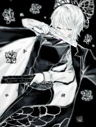 Rule 34 | 1girl, animal print, black background, black butterfly, black coat, black suit, blue eyes, brooch, bug, butterfly, coat, covered mouth, dual wielding, e.g.o (project moon), faust (project moon), formal clothes, gun, highres, holding, holding gun, holding weapon, insect, jewelry, limbus company, looking at viewer, project moon, short hair, solemn lament (e.g.o), solo, starhoshi, suit, too many, too many butterflies, weapon, white butterfly, white hair, white sleeves