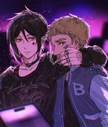 2boys alternate_costume bardroy black_choker black_hair blonde_hair choker commentary contemporary ear_piercing ena33333333 goth_fashion hair_between_eyes hand_tattoo jacket jewelry kuroshitsuji letterman_jacket looking_at_viewer male_focus multiple_boys piercing red_eyes ring sebastian_michaelis shirt short_hair t-shirt tattoo