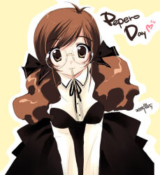 Rule 34 | 1girl, 2004, :3, antenna hair, archived source, artist name, black bow, black dress, black ribbon, bow, breasts, brown hair, buttons, center frills, collared shirt, dated, dress, dress shirt, emily (pure dream), english text, food, food in mouth, frilled shirt, frills, glasses, hair bow, heart, korean commentary, long hair, long sleeves, looking at viewer, medium breasts, neck ribbon, original, pocky, pocky day, pocky in mouth, ribbon, rimless eyewear, round eyewear, shirt, sidelocks, solo, swept bangs, twintails, white shirt, white sleeves, wing collar, yellow background, yellow eyes