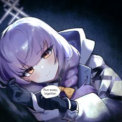 1girl atsuko_(blue_archive) black_gloves blue_archive english_text gloves grey_halo hair_between_eyes halo jacket long_hair looking_at_viewer purple_hair red_eyes solo speech_bubble translation_request white_jacket yongkak