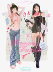black_hair blush casual fashion flamma_(immortalemignis) full_body hair_ornament highres long_hair navel original simple_background thighhighs y2k_fashion