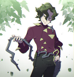 1boy bags_under_eyes batabiru black_pants brassius_(pokemon) cowboy_shot green_eyes green_hair holding holding_whip leaf looking_at_viewer nintendo pants pokemon pokemon_sv red_shirt shirt simple_background smile solo spiked_hair vine_belt vine_whip wavy_hair whip