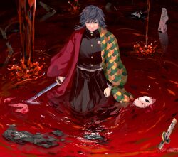 1boy black_hair black_jacket black_pants blood blue_eyes buttons closed_mouth demon_slayer_uniform fox_mask half-closed_eyes haori highres holding holding_sword holding_weapon iriiri_sukiyana jacket japanese_clothes katana kimetsu_no_yaiba long_hair low_ponytail male_focus mask pants ponytail pool_of_blood red_haori solo spiked_hair sword tomioka_giyuu walking weapon