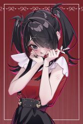 Rule 34 | 1girl, absurdres, ame-chan (needy girl overdose), black eyes, black hair, black nails, black skirt, border, boxcutter, eyes visible through hair, fingernails, frown, hair ornament, hair over one eye, halftone, highres, holding, holding boxcutter, long fingernails, long hair, looking at viewer, mionk42, needy girl overdose, outline, pink outline, red background, red vest, self-harm scar, shirt, short sleeves, single hair intake, skirt, solo, striped background, suspender skirt, suspenders, twintails, upper body, vest, white border, white shirt, x hair ornament